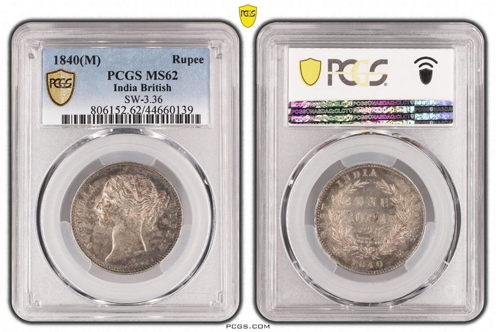 イギリス領インド１ルピー銀貨 India Rupee 1840 PCGS 1840(M), India (British), Queen Victoria. Silver Rupee Coin. SW