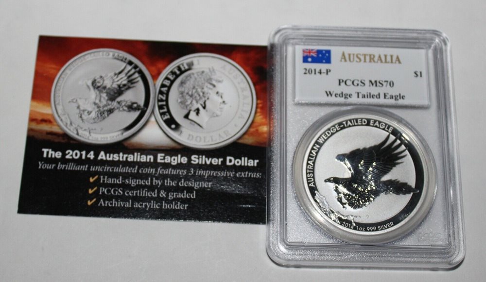 2014-P AUSTRALIA $1 SILVER WEDGE TAILED EAGLE PCGS MS70- JOHN M