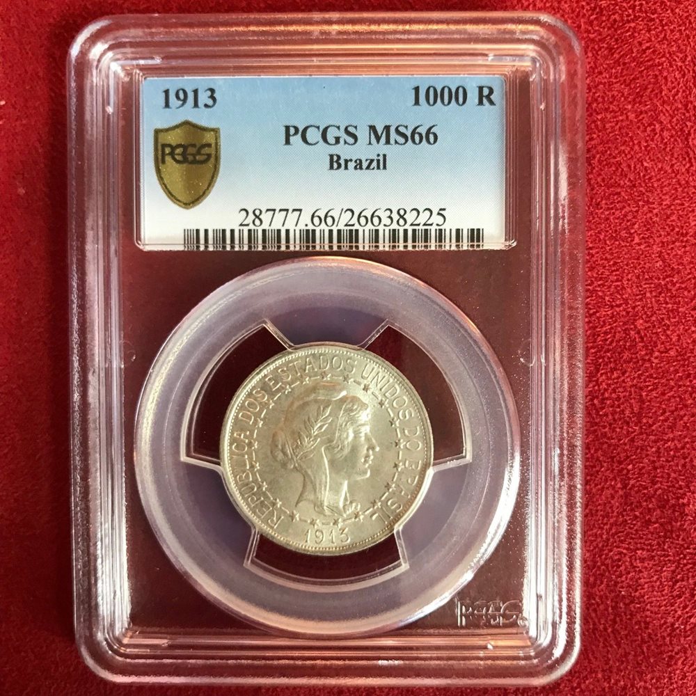 1913年 ブラジル 1000レアル 銀貨 NGC MS64 1000 reis 1913 (Silver), Brazil