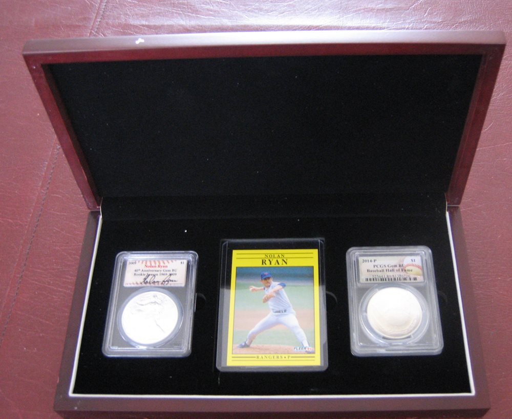 Nolan Ryan Set w//2 $1 Silver Coins /& PCGS Autograph 2014 Hall of Fame 2009 Eagle