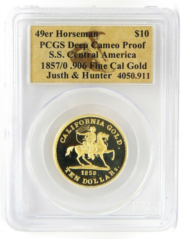 1857/0 49er Horseman $10 PCGS Deep Cameo Proof + Pinch SS
