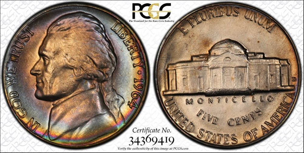 1964-D MS66 Jefferson Nickel 5c, PCGS Graded, Rainbow Toned with