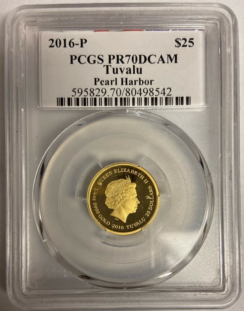 2016 P Tuvalu $25 Gold Pearl Harbor 1/4 oz PCGS PR70 DCAM Reagan