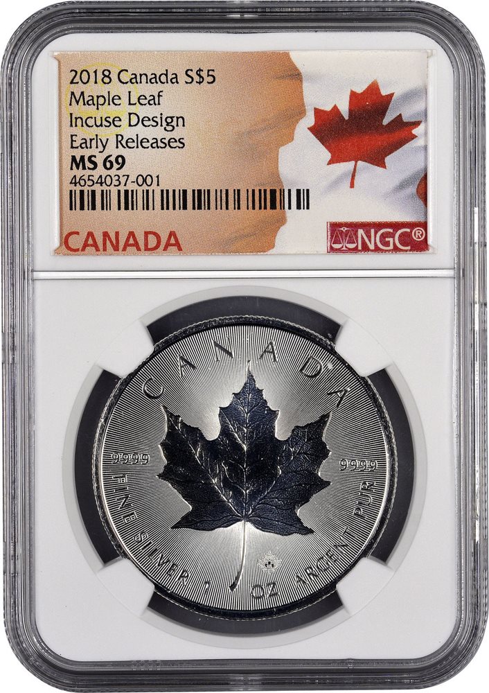 2019 $5 CANADA 1 OZ SILVER INCUSE DESIGN MAPLE LEAF NGC MS70 FIRST RELEASE RETRO
