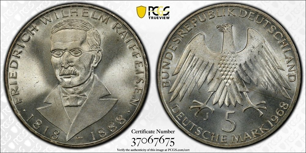 Germany 1968-J 5 Mark, Friedrich Raiffeisen, PCGS MS66+, MS66+ 