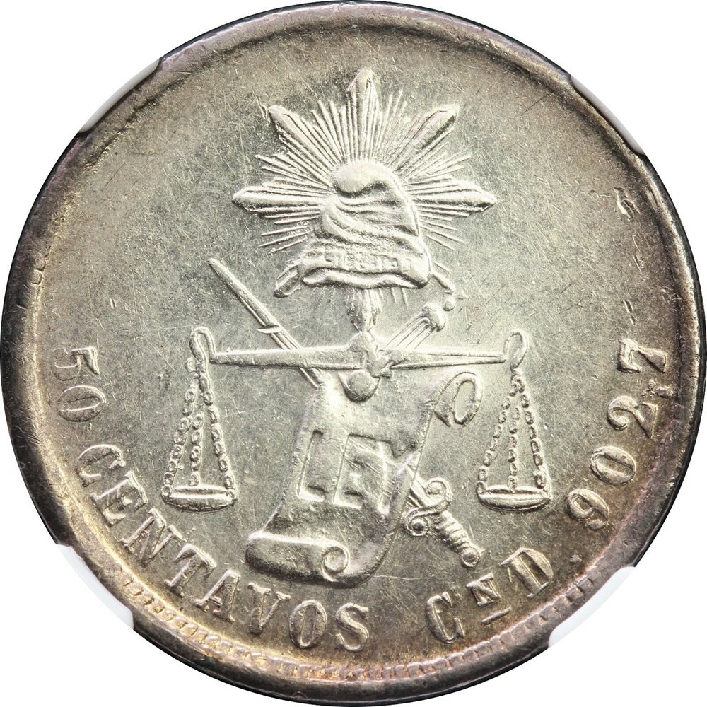 Mexico 50 Centavos Cn 1879 D Culiacan Mint, NGC AU58. Top Grade