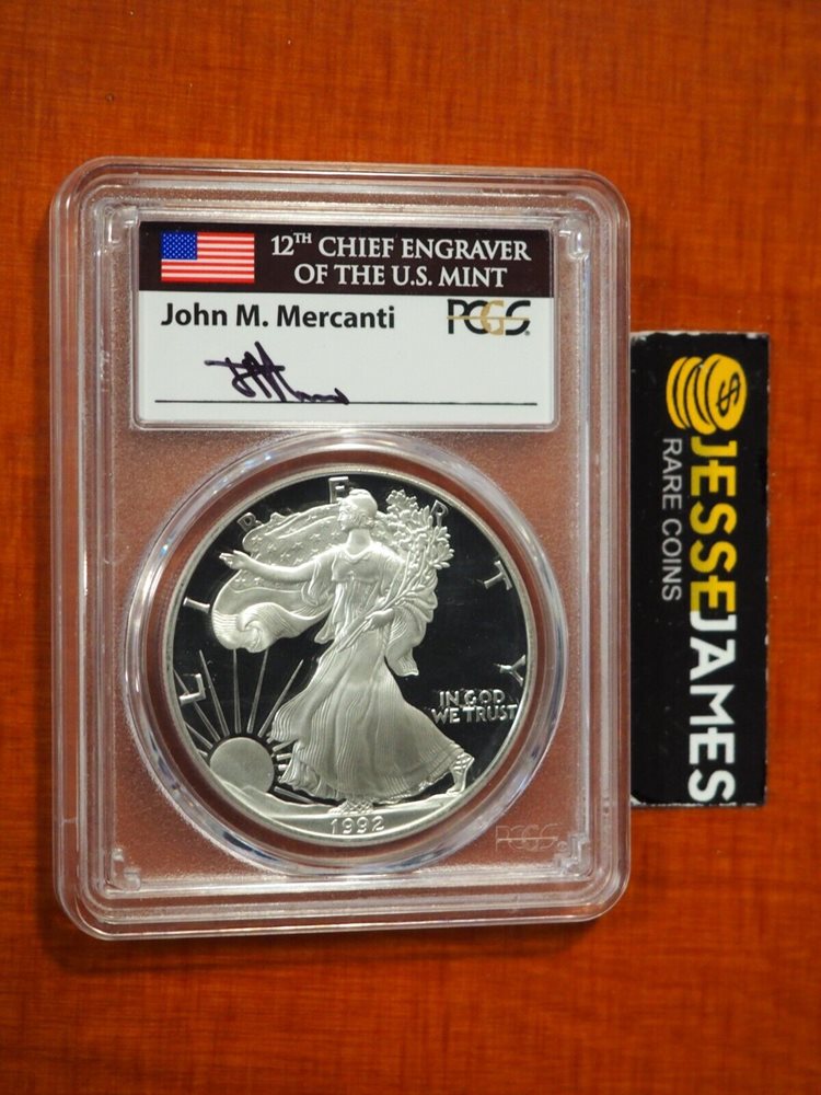 1992 S PROOF SILVER EAGLE PCGS PR70 DCAM JOHN MERCANTI HAND SIGNED
