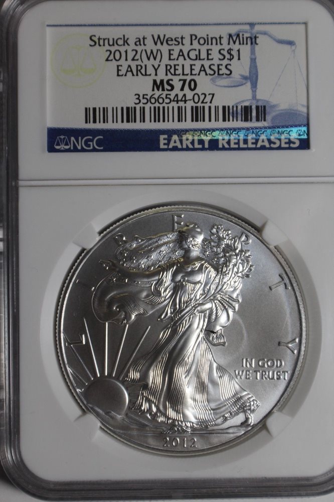 2012年Silver Eagle $1 PCGS MS70ウェストポイント発行 2012 (W) Struck at West Point Silver Eagle Early Releases