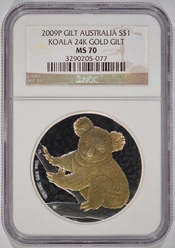 2009-P Australia 1 oz Silver Koala $1 24K Gilded / Gilt NGC MS70