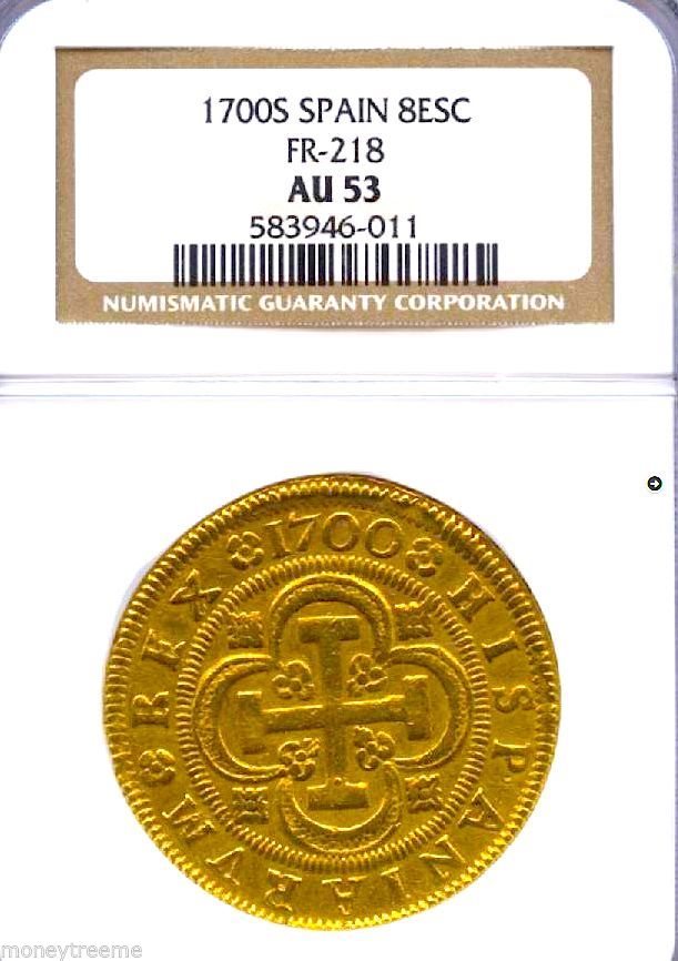 spain 1700 gold 8 escudos ngc 53 only 1 known doubloon spain 1700 gold 8 escudos ngc 53 only 1 known doubloon coin pirate treasure coin