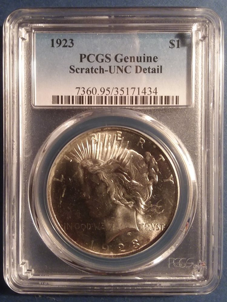 1923 PCGS Genuine Scratch-unc Detail Peace Dollar, UNC