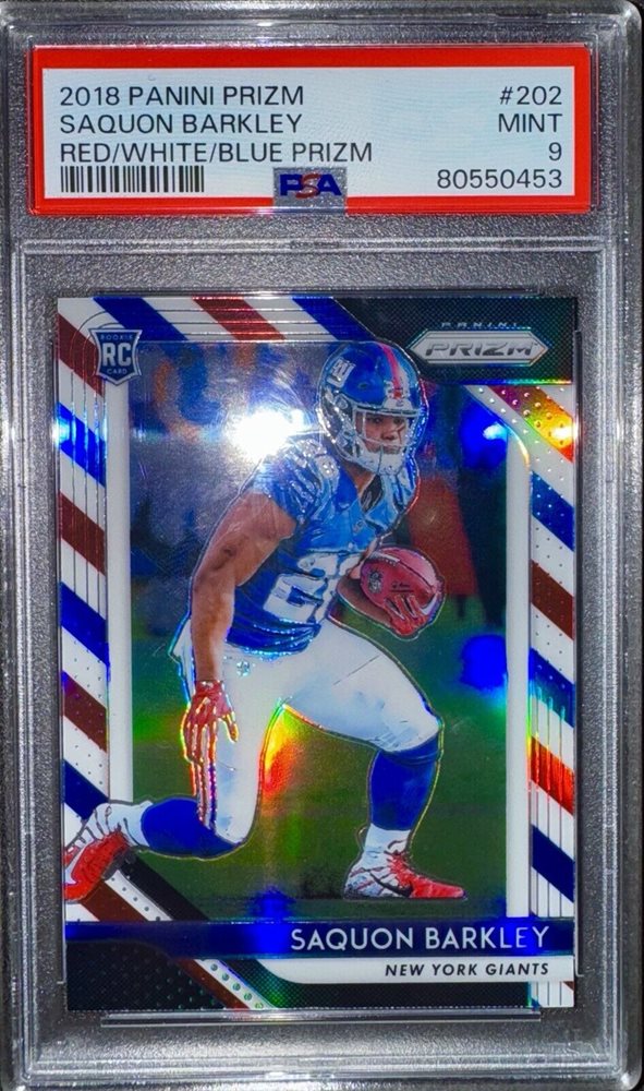 thumbnail image 2 of PSA 9 Mint 2018 Panini Prizm Green Prizm #202 Saquon Barkley Rookie RC Eagles 2 of 12
