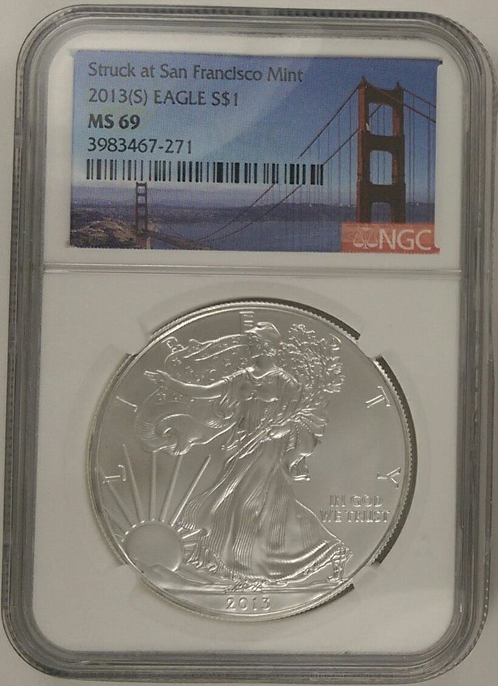 2013 S SILVER EAGLE SAN FRANCISCO MINT LABEL NGC MS69 EARLY RELEASES BLUE LABEL