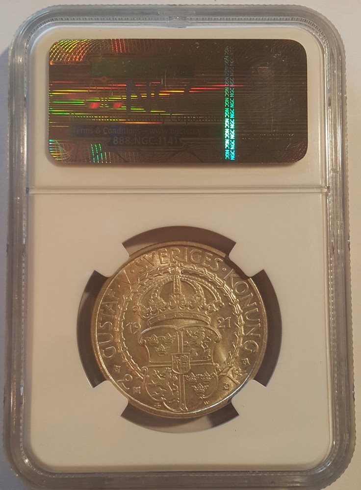 1921年 スウェーデン 2クローナ銀貨　400周年記念 NGC MS64 SWEDEN / 1921 W 2 Kronor 
