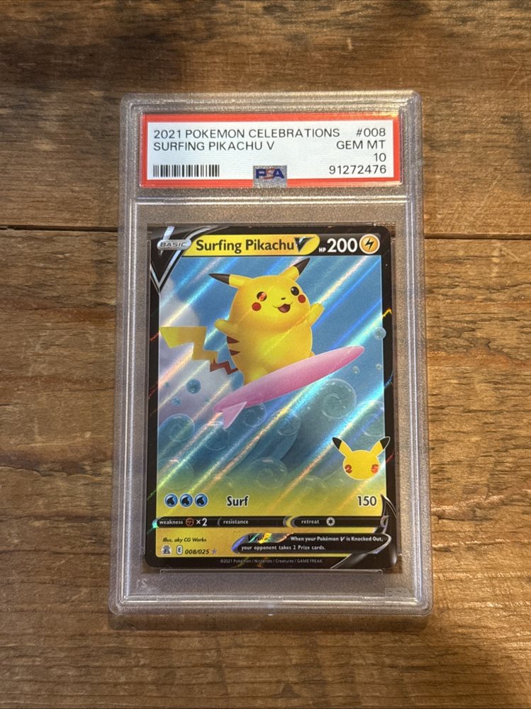 ポケモンカードゲーム PIKACHU/SURFING PIKACHU V PSA10 Pokémon Celebrations Surfing Pikachu V, 25th Anniversary Full Art