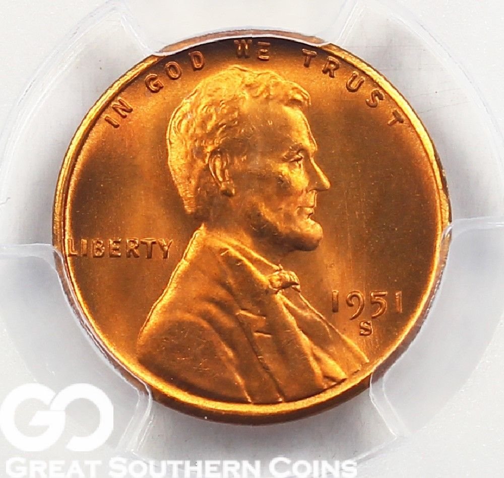 1951-S Lincoln Cent Wheat Penny RED, PCGS MS 67 RD * Very Scarce