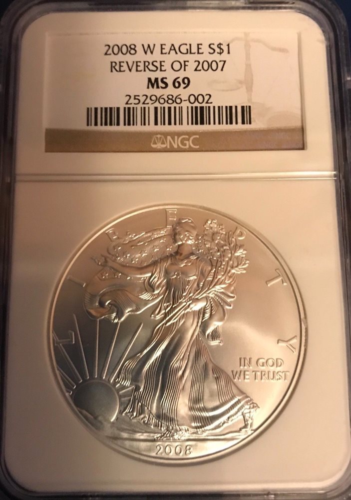 2008-W Silver American Eagle NGC MS69 (Reverse Of 2007) RARE BROWN